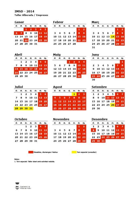 Calendari laboral Taller Alborada 2014